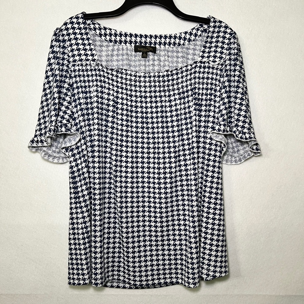 Suzanne Betro Houndstooth Retro Whimsigoth Feminine Romanitic Top Navy White L